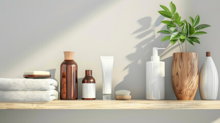 A neatly organized bathroom shelf displays various toiletries and greenery in soft sunlight, creating a serene and refreshing atmosphere.