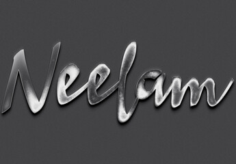 Chrome metal 3D name design of Neelam on grey background.
