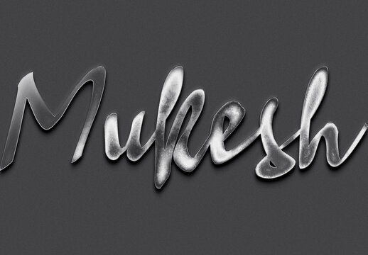 Chrome metal 3D name design of Mukesh on grey background.