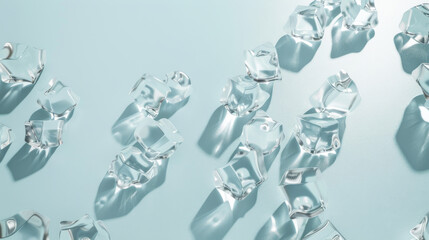Clear ice cubes scattered artistically on a pale blue surface, casting delicate shadows in soft lighting.