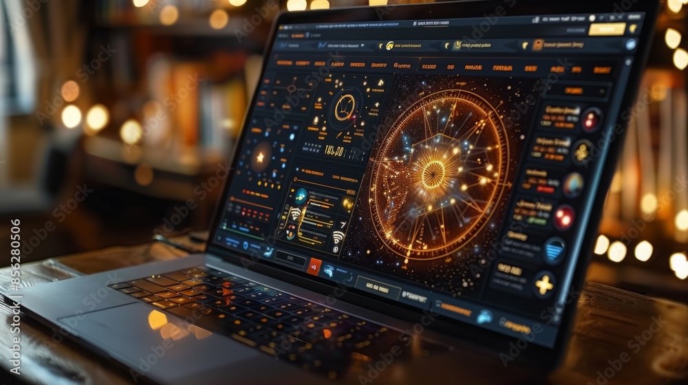 Poster a close-up of a laptop with a futuristic user interface displaying a glowing circle and other data p