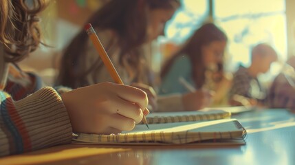 Creative Minds Closeup of Students Engaged in Academic Pursuits with Pencils and Notebooks in Brightly Lit Classroom Setting High Resolution Stock Image