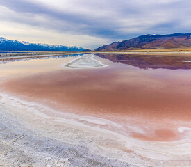Pink Algae Bloom on The Flooded Salt Flats of Owens Lake, Lone Pine, California, USA