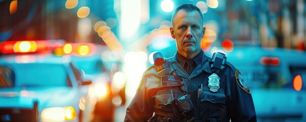 Man bodyguard with security earpiece in streets of city, security concept banner. Generative AI.