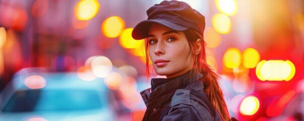 Naklejka premium Woman bodyguard with security earpiece in streets of city, security concept banner. Generative AI.