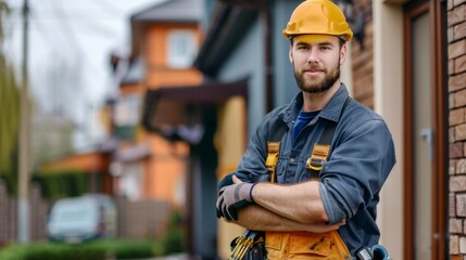 portrait of a smiling Caucasian electrician or Internet network installer in uniform with a tool near the customer's house