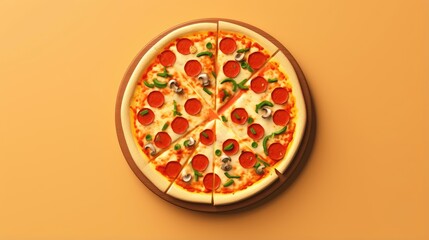 A delicious pepperoni pizza with melted cheese and fresh green peppers. The pizza is served on a wooden cutting board.