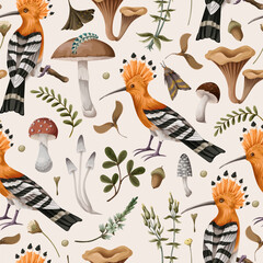 Seamless pattern with hoopoe bird, autumn leaves and branches. Vector. © Yumeee