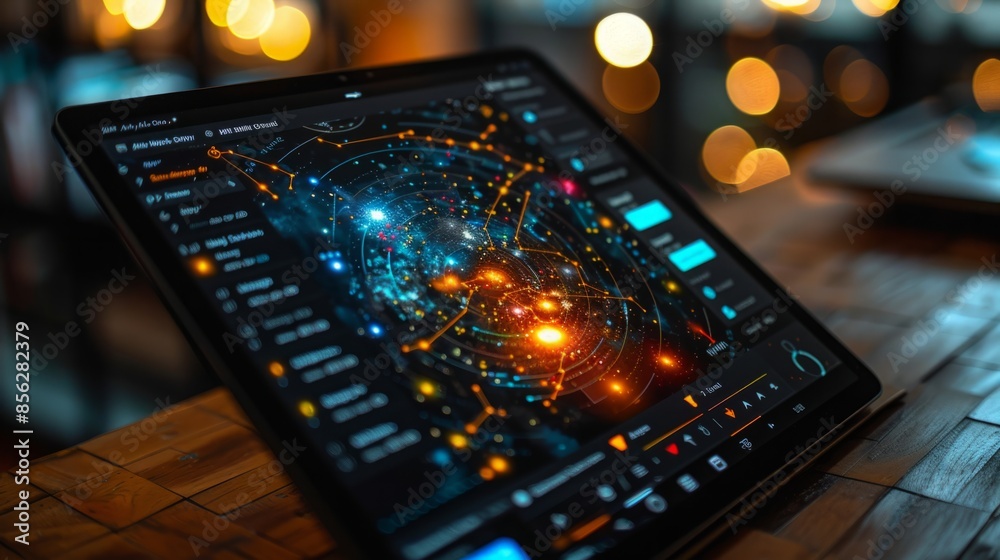 Poster a close up of a tablet displaying a data visualization. the image highlights a detailed circular net