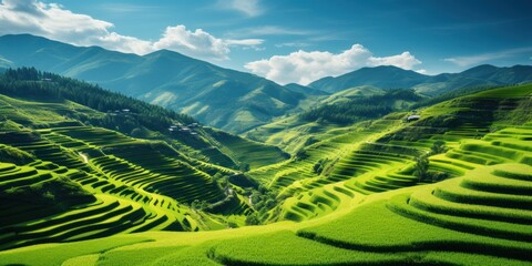 Fototapeta premium Lush green rice paddies carved into rolling hills under a cloudy sky
