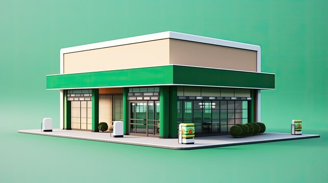 3D rendering of a small business building with a green and white exterior. The front of the building has a large glass door and two windows.