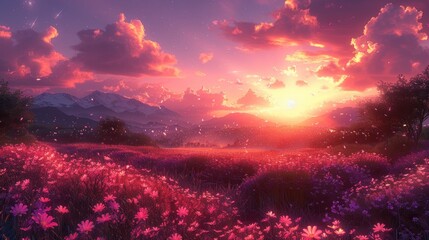 Vibrant sunset over a field of pink flowers in a mountainous landscape