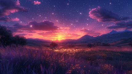 Starry sky over purple grass field at sunset