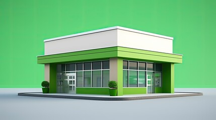 3D rendering of a small business building with large windows and a green exterior.