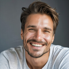 Attractive laughing Caucasian man looking at camera during mid-day 