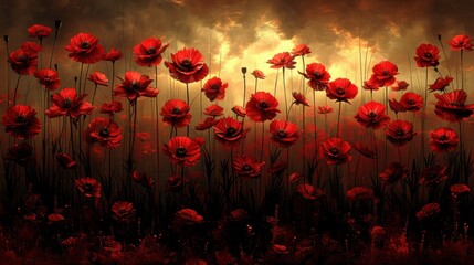 Obraz premium Red poppy flowers blooming in a field at sunset