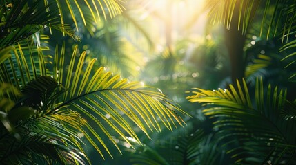 Sunlit Tropical Palm Leaves: Radiant Greenery Bathing in Golden Sunset Light, Capturing the Beauty of Nature. Ideal for Travel Blogs, Environmental Campaigns, and Exotic Backgrounds