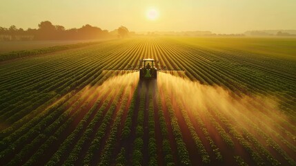 Golden Sunrise HighTech Tractor Spraying Crops in Lush Green Field