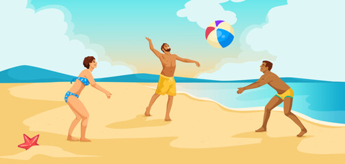 Three people playing beach volleyball with a colorful ball on a sunny beach. Vector illustration
