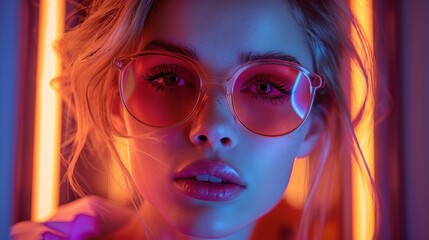 Obraz premium Close up portrait of a young woman wearing sunglasses and looking at the camera under neon lights