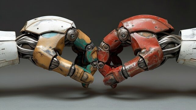 Two robotic arms interlocked in a handshake