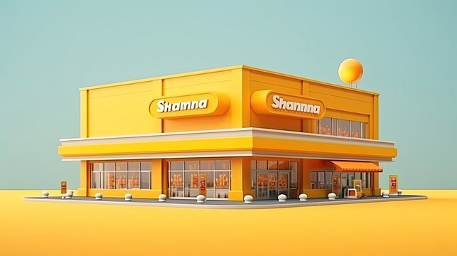 3D rendering of a small business building with a large storefront.