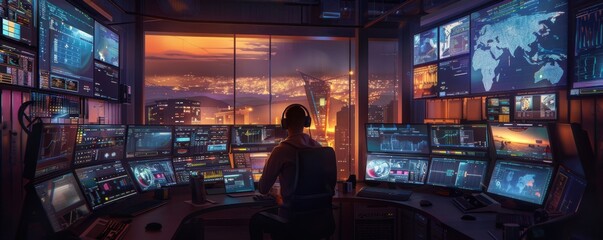 Fototapeta premium Man security guard in control room, security concept banner. Generative AI.