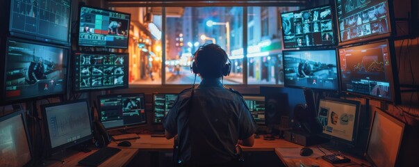 Man security guard in control room, security concept banner. Generative AI.