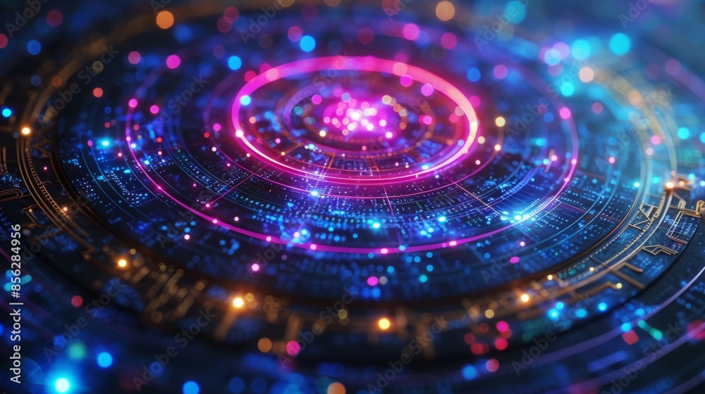 Poster a digital rendering of a circular design with glowing lights and digital patterns.