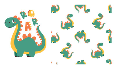 Set of vector templates for printing on children's products. Cute dinosaur and roar lettering. Seamless vector pattern with dinosaurs. Vector illustration