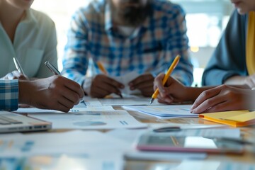 A group of people are sitting around a table writing on paper. Scene is collaborative and focused