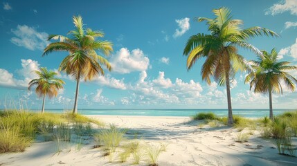 Fototapeta premium Ultimate Summer Beach Paradise: Relax Under Swaying Palm Trees on White Sandy Shores, Enjoy Crystal Clear Ocean Waters and Brilliant Sunshine for a Perfect Vacation 
