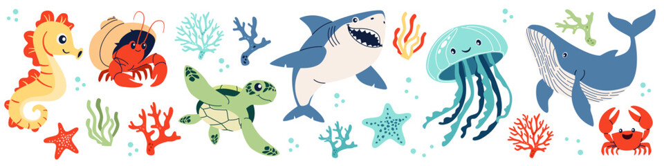 Set of flat vector illustrations on the theme of marine inhabitants. Cute shark crab crayfish hermit jellyfish turtle seahorse sea stars and corals. . Vector illustration © Alena