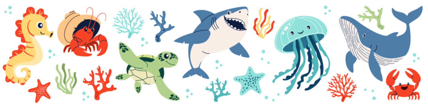 Set of flat vector illustrations on the theme of marine inhabitants. Cute shark crab crayfish hermit jellyfish turtle seahorse sea stars and corals. . Vector illustration