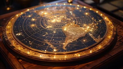 Fototapeta premium A close-up image of a world map with golden trim and small lights illuminating the continents.