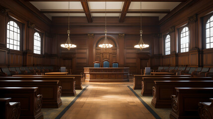 Empty courtroom with wooden benches, judge's bench, and chandeliers, depicting the concept of justice, law, and order. Concept of justice, law, courtroom, and authority.
