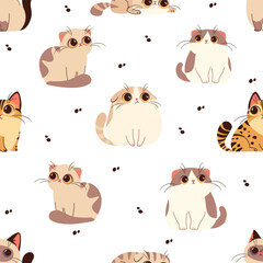 Seamless vector pattern. Cute cats with big eyes on a white background. Vector illustration