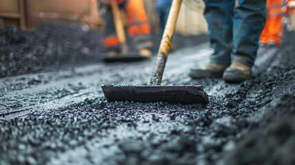 Road construction workers' teamwork, tarmac laying works at a road construction site, hot asphalt gravel leveled by workers, and road surface repair. New asphalt road base