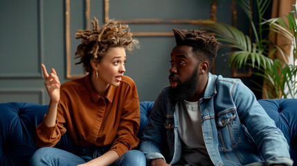 A couple having an animated discussion on a couch. Their expressions show they are engaged in a lively conversation