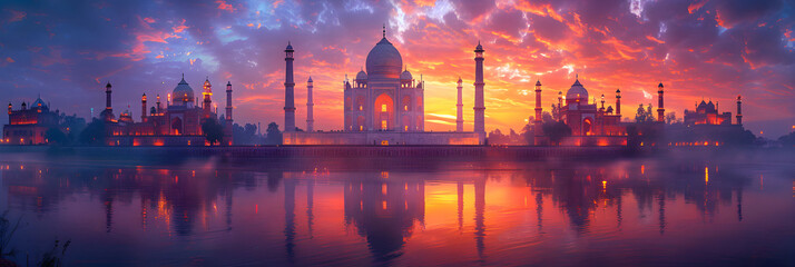 Panorama of the Taj Mahal at sunset