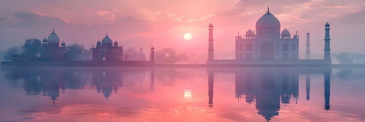 Panorama of the Taj Mahal at sunrise