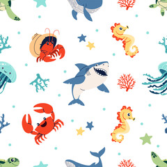 Seamless vector pattern. Cute shark crab crayfish hermit jellyfish turtle seahorse sea stars and corals. Vector illustration