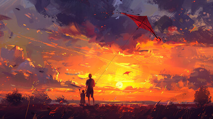 Fototapeta premium An illustration of a father and child flying a kite at sunset, creating a magical and dreamy atmosphere