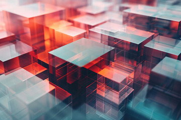 Abstract 3D composition of orange and blue glass cubes with reflections