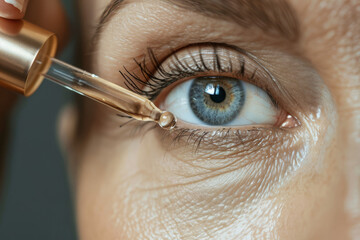  close-up of a woman applying a serum to her eye area with a dropper, highlighting skincare routines and anti-aging treatments. The focus is on precision and care