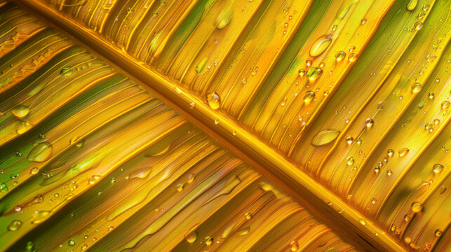 Close-up of wet green and yellow banana leaves with water droplets, showcasing nature's beauty and detail. The vibrant colors and texture create a refreshing and calming effect