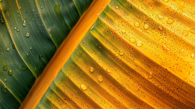 Close-up of wet green and yellow banana leaves with water droplets, showcasing nature's beauty and detail. The vibrant colors and texture create a refreshing and calming effect