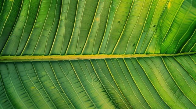 Close-up of wet green and yellow banana leaves with water droplets, showcasing nature's beauty and detail. The vibrant colors and texture create a refreshing and calming effect