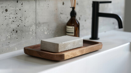 Aesthetic bright bathtub with beautiful bubbles and wooden brushes