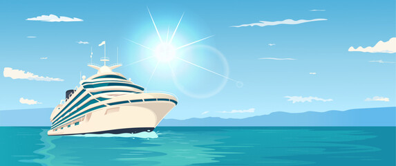 Large cruise ship on the ocean with a bright sun and clear sky, Vector illustration © GN.STUDIO